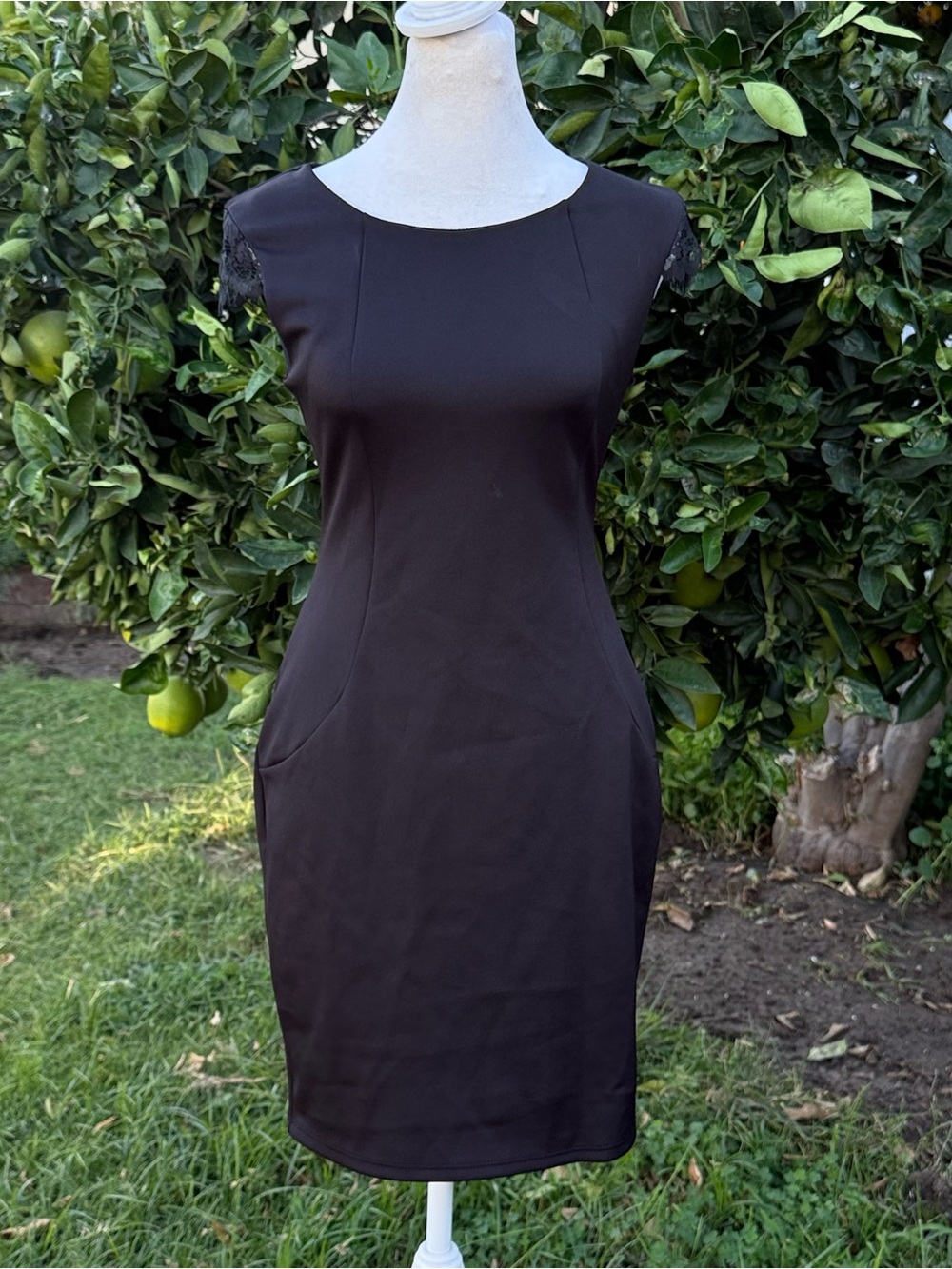 Simply Styled Black Midi Sheath Dress with Cap Sleeves